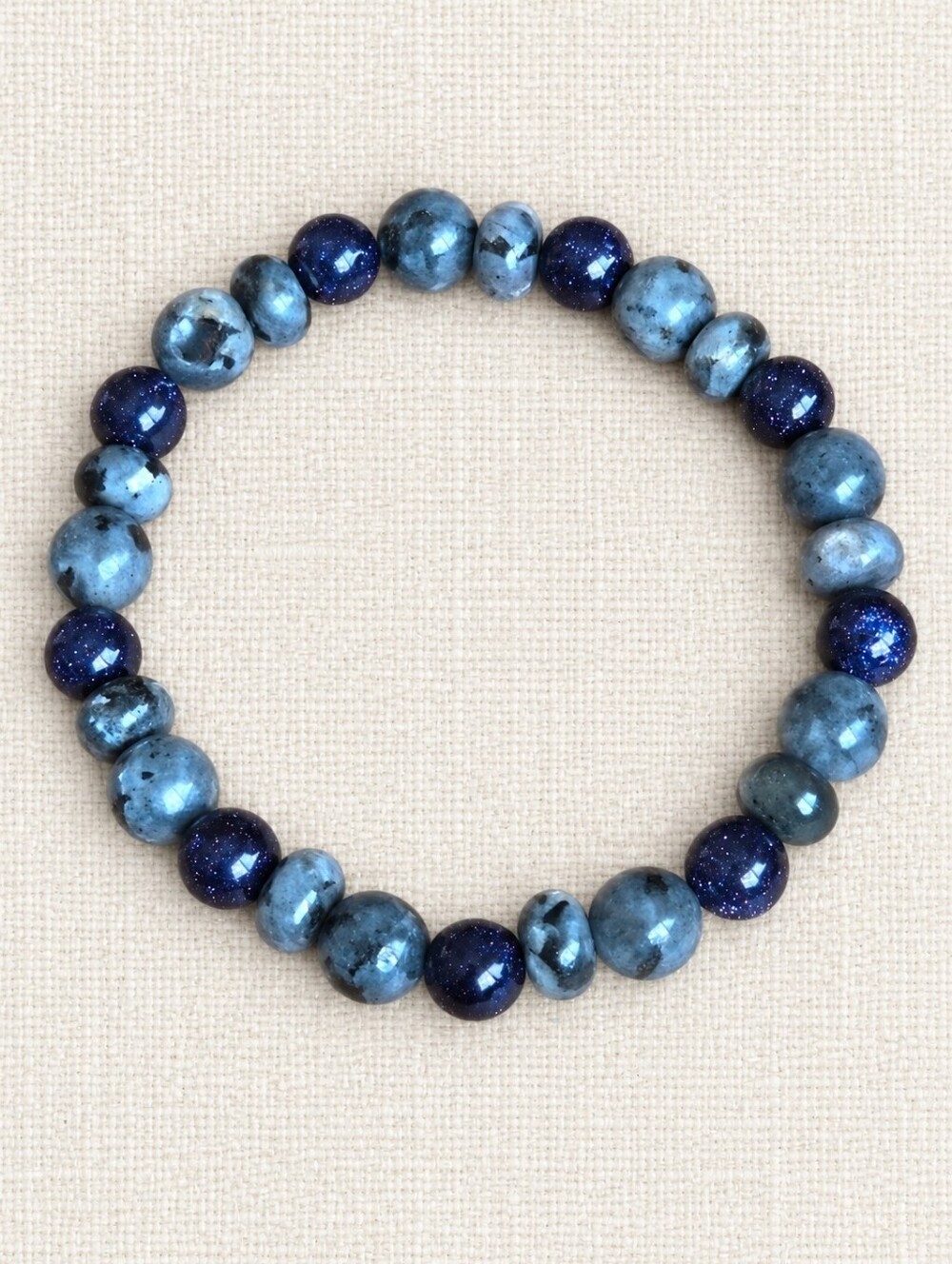 Blue Sandstone & Gray Larvikite Gemstone Bead Stretch Bracelet | Handmade | 8mm
